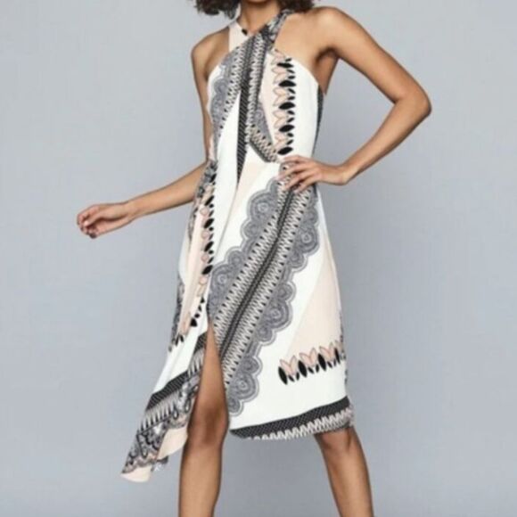 NWT REISS Hope Scarf Print Wrap Dress Asymmetrical Hem Pink White Black US 14